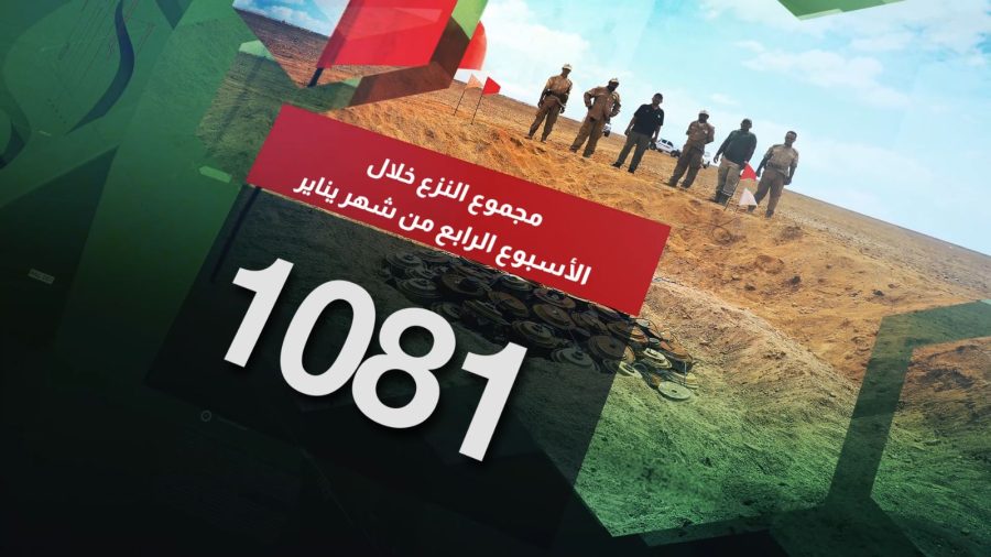 مجموع النزع 1081يناير أعلنت غرفة عمليات مشروع مسام أن الفرق الميدانية نزعت الأسبوع الماضي 1081 لغماً وذخيرة غير منفجرة وعبوة ناسفة ليصل بذلك مجموع ما تم نزعه منذ بداية شهر يناير وحتى يوم 27 منه 4615. وذكرت عمليات مسام في بيان لها أن فرق المشروع نزعت خلال الأسبوع الرابع من هذا الشهر 899 ذخيرة غير منفجرة و167 لغماً مضاداً للدبابات. وأضاف البيان الذي نشره مكتب مسام الإعلامي أن الفرق الهندسية تمكنت خلال الأسبوع ذاته من تطهير 222.631 متراً مربعاً من الأراضي في اليمن. وذكر البيان أيضا أن فرق مسام تمكنت خلال الأسابيع الماضية من تطهير 745.516 متراً مربعاً من الأراضي في اليمن لتصل المساحة الإجمالية التي تم تطهيرها منذ انطلاقة المشروع وحتى 27 يناير الجاري 43.612.168 متراً مربعاً.