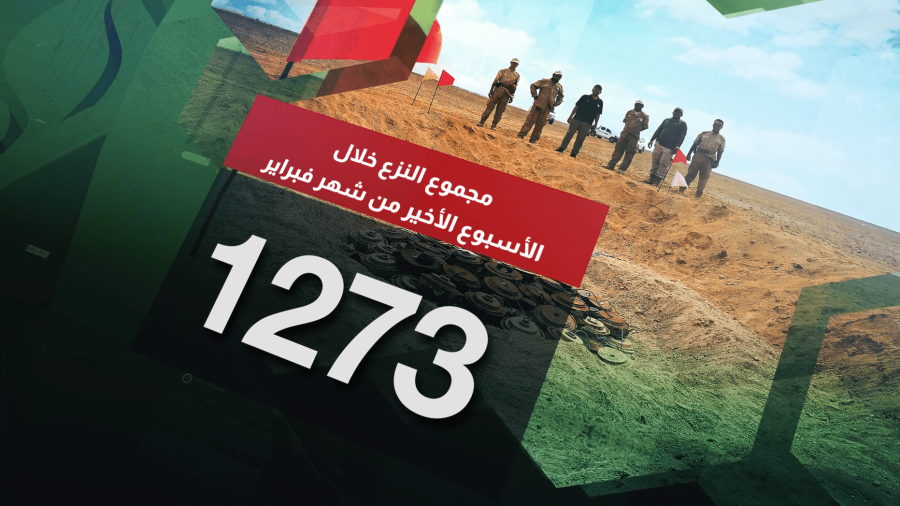 Report_AR (0-00-07-221273 لغماً وذخيرة غير منفجرة وعبوة ناسفة) أعلنت غرفة عمليات مشروع مسام أن الفرق الميدانية نزعت الأسبوع الماضي 1273 لغماً وذخيرة غير منفجرة وعبوة ناسفة ليصل بذلك مجموع ما تم نزعه في شهر فبراير 4811.