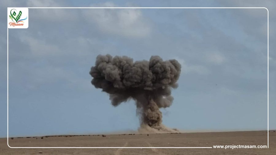 نفذ مشروع مسام لتطهير الأراضي اليمنية من الألغام عملية إتلاف وتفجير ل- 1878 لغم وعبوة ناسفة مرتجلة وقذيفة غير منفجرة في باب المندب، بمحافظة تعز. نفذ مشروع مسام لتطهير الأراضي اليمنية من الألغام عملية إتلاف وتفجير ل- 1878 لغم وعبوة ناسفة مرتجلة وقذيفة غير منفجرة في باب المندب، بمحافظة تعز.