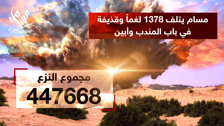 أعلن مدير عام مشروع مسام الأستاذ أسامة القصيبي أن الفرق الميدانية نزعت منذ انطلاقة المشروع وحتى 14 يونيو الجاري 447.668 لغماً وذخيرة غير منفجرة وعبوة ناسفة.